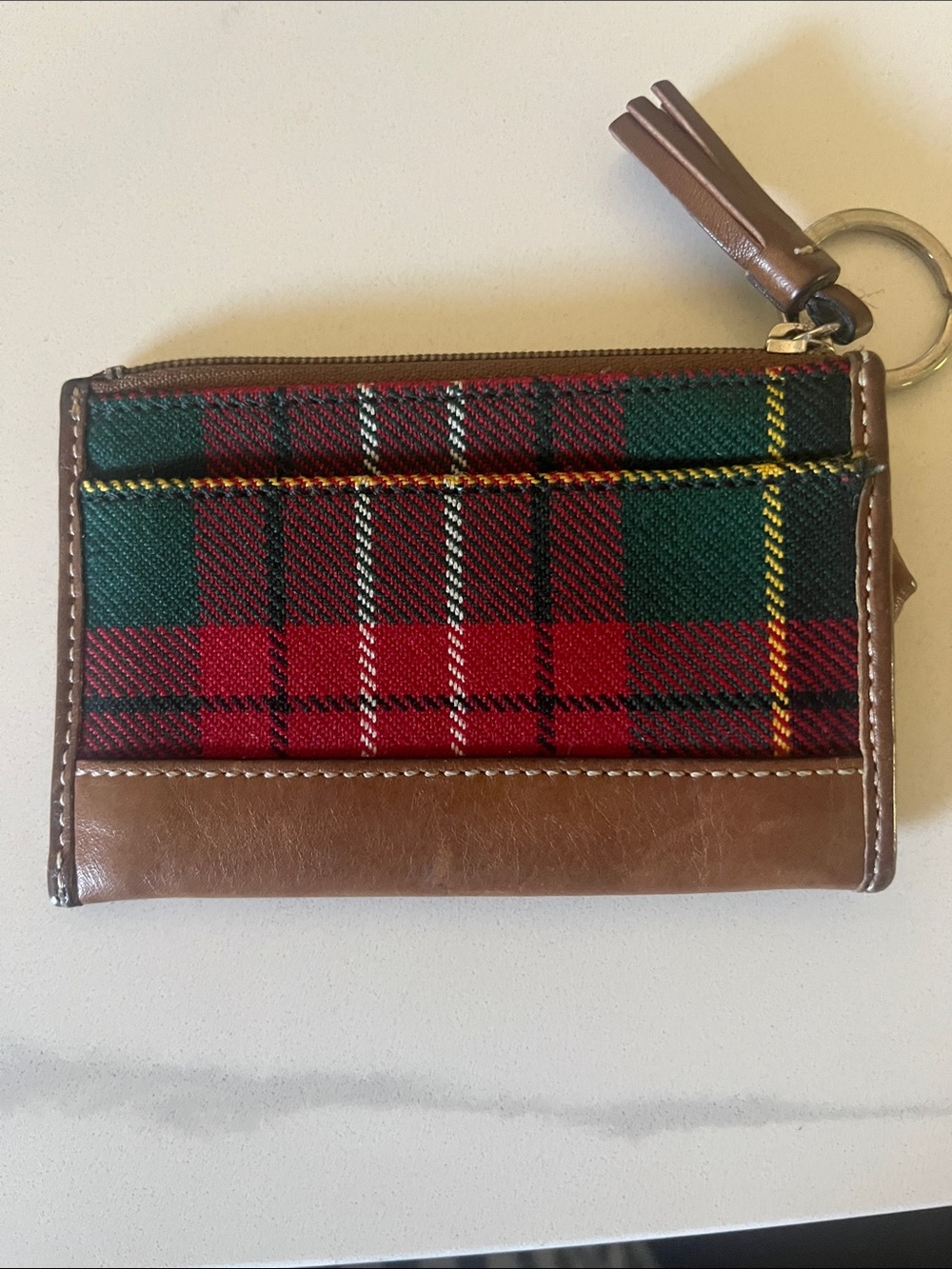 Coach Red & Green Plaid Zip Card Case with Brown Leather Trim keychain preppy - Picture 2 of 3